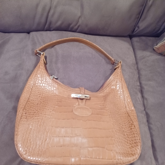 Longchamp Tan Croc Embossed Leather Handbag Shoulder Bag Purse Tote - Picture 7 of 9